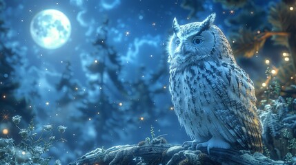 Midnight Watcher: Capturing the Spellbinding Aura of an Owl Amidst a Moonlit Forest Glade - obrazy, fototapety, plakaty