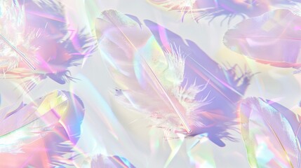 A kaleidoscope of feathers, each with a soft holographic sheen, set against a pastel backdrop for a playful and imaginative display.