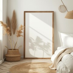 Picture poster frame mockup wall background, modern home interior bedroom background, 3D render