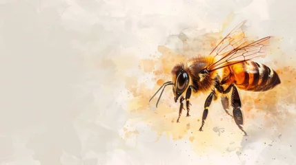 Fotobehang A dynamic bee comes to life in this abstract watercolor, its wings caught mid-flight, set against a backdrop of warm, expressive splashes. © Oksana Smyshliaeva