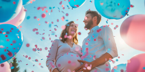 Beautiful young expecting couple surrounded by pink and blue balloons, confetti and streamers as a decorations at a gender reveal or a baby shower party.