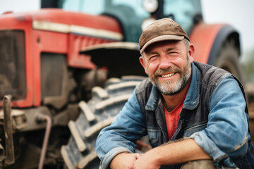 Fototapeta na wymiar Portrait of a smiling farmer sitting next to a tractor