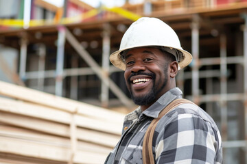 Portrait of smiling african american male worker on construction site - obrazy, fototapety, plakaty
