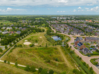 City park in the Leek residential area in the Netherlands. View from above.
