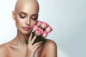Naklejka na ściany i meble Serene Bald Woman with Pink Roses on White Background. ai generative
