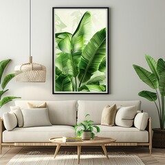 Living room, sitting room, close up of mock-up of framed print on wall with black border. Generated AI.
