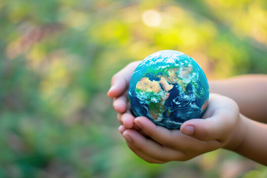 hands hold a miniature Earth nature blured background