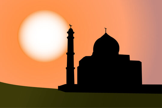 The silhouette of a mosque with a minaret, against the background of sunset. The concept of the Arab scene postcard, the Ramadan Kareem holiday. Arab evening. 