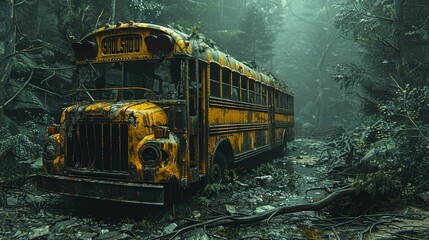 Forgotten Memories: Tracing the Abandoned Path of a School Bus in the Desert Wilderness - obrazy, fototapety, plakaty