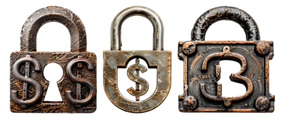 Three financial security padlocks, security icon to protect your money and finances, dollars, USD, Bitcoin, locked and secure, isolated on a transparent background