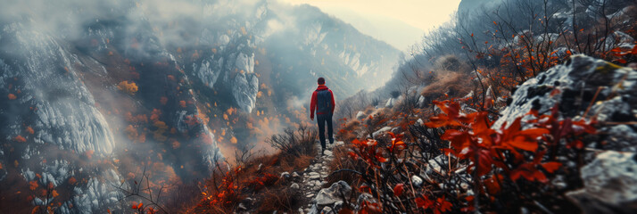Man admiring beautiful foggy landscape in autumn mountains. Adventurous young man with backpack. Hiking and trekking on a nature trail. Traveling by foot. - obrazy, fototapety, plakaty