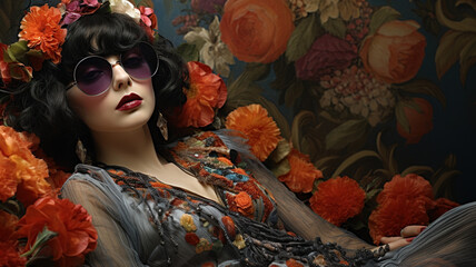 portrait of a bohemian woman lounging surrounded by maximalist florals, orange flowers with space for text, asset,