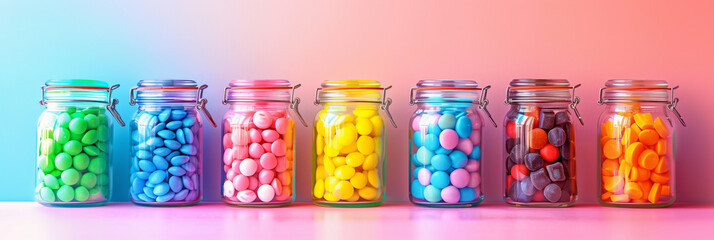 Colorful candy jars on a table on bright colorful pastel background. - obrazy, fototapety, plakaty