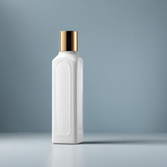 empty bottle of cream ofrperfume, in blue, grey background, product design, cosmetic