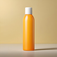 bottle of sunblocker or juice, in orange , light yellow background, product design, cosmetic