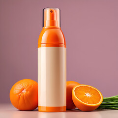 bottle of sunblocker with oranges around,light pink background, product design, cosmetic