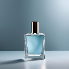bottle of perfume, in blue, grey background, product design, cosmetic