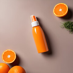 bottle of sunblocker with oranges around,light brown background, product design, cosmetic