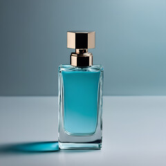 bottle of perfume, in blue, grey background, product design, cosmetic
