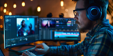 Man wearing headphones editing video and music on a computer in a studio.