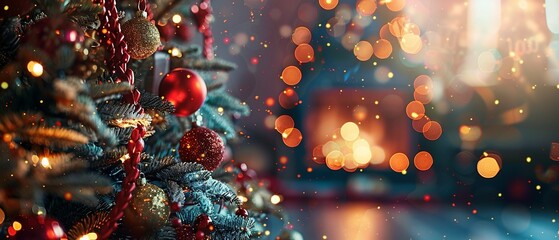 Obraz na płótnie Canvas Festive Christmas Celebration Background: Christmas Tree and Fireplace with Bokeh Lights