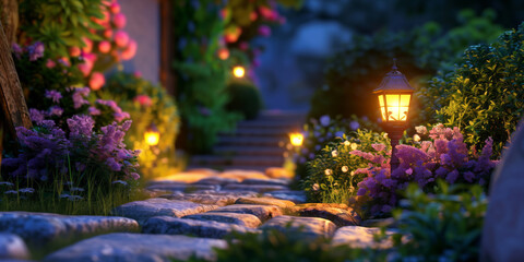 Decorative small solar lights by the stone steps in a garden. Garden illumination at night, solar powered lamps. - obrazy, fototapety, plakaty
