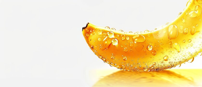   A crisp banana image, with water droplets clinging to its curved side against a pristine white backdrop
