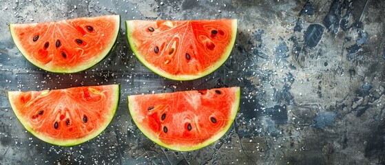   A collection of watermelon slices lined up on a metal tray, dripping with moisture