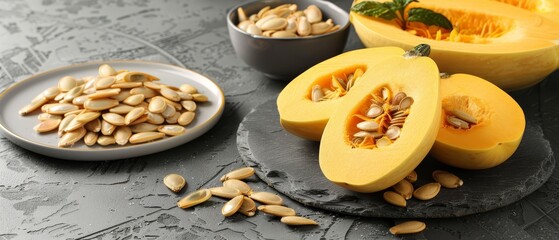 Obraz na płótnie Canvas a plate of pumpkin seeds, a bowl of seeds