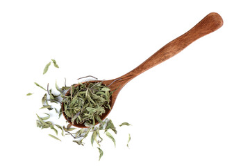Top view of dried thyme leaves in a spoon and on a white background.