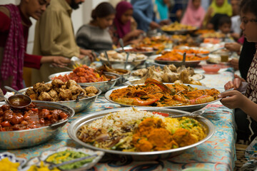 Obraz premium Eid al-Adha. Friends gathered around table sharing karahi dish at event. Generative AI
