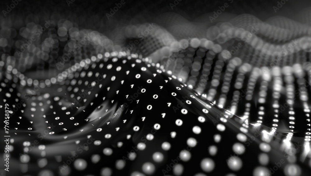 Poster black background with binary code and a wave of numbers flowing on the surface abstract digital tech