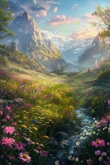 A vibrant alpine meadow in full bloom, framed by towering mountains, a flowing stream, and a bright, clear sky.