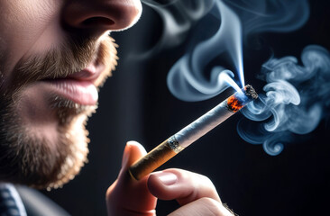 Close-up of the face of a man with a beard holding a cigarette in his hand. The cigarette is smoking.