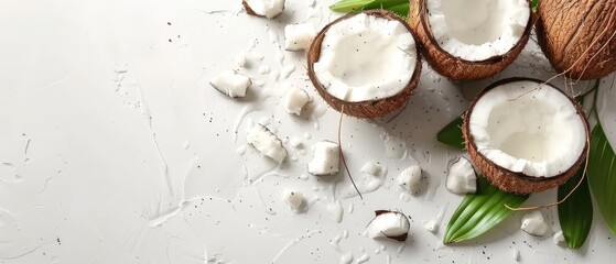   A stack of coconuts atop a table, surrounded by leaves and marshmallows on a pristine white surface - obrazy, fototapety, plakaty