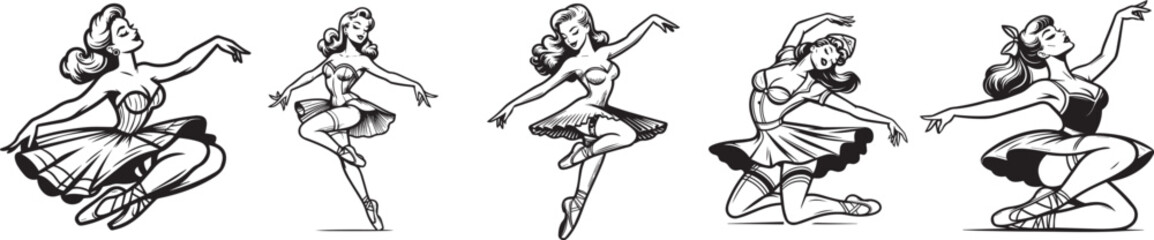 pin up style ballerinas in various poses vector set