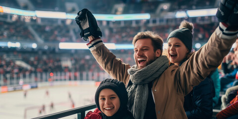 Excited parents and kids celebrating the victory of their team. Sports fans chanting and cheering for their ice hockey team. Family with children watching hockey match.