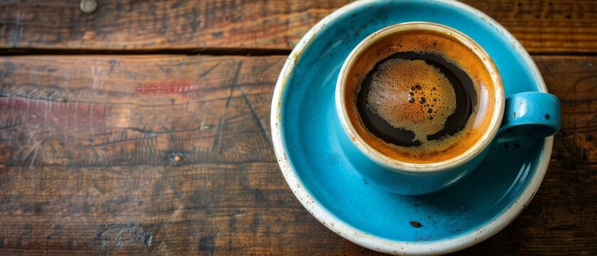   A cup of coffee on a blue saucer atop a wooden table