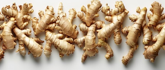   A tight shot of ginger roots in pieces on a pristine white background, with one root remaining connected atop