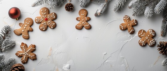   A collection of ginger cookies atop a table, accompanied by pine cones and a Christmas ornament