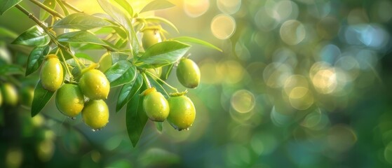   A tight shot of ripe fruits dangling from a tree against a sunlit canopy, leaves subtly blurring the background as sunlight filters through - obrazy, fototapety, plakaty