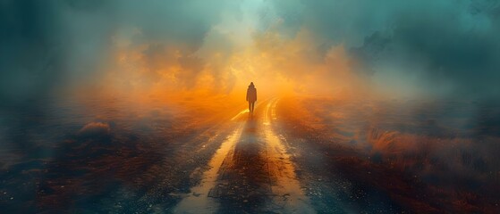 A person stands at a crossroads contemplating two paths symbolizing a difficult decision with potential consequences. Concept Decision-making, Crossroads, Contemplation, Life choices, Consequences - obrazy, fototapety, plakaty