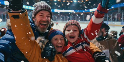Fototapeta premium Excited parents and kids celebrating the victory of their team. Sports fans chanting and cheering for their ice hockey team. Family with children watching hockey match.