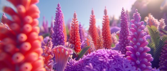   A blurred image features a field of purple and orange flowers against a clear blue sky