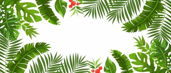   A white background framed by tropical leaves and berries, with a text space in the center
