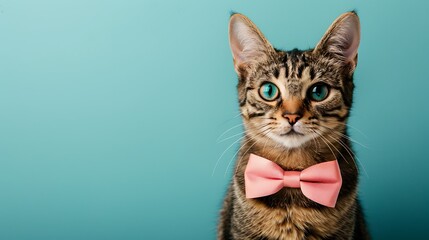a cut cat wearing pink bowtie on blue background