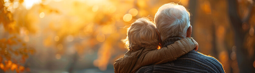 Grandchild in coat hugs grandfather's neck in golden forest, sharing warmth and love amidst nature's beauty.