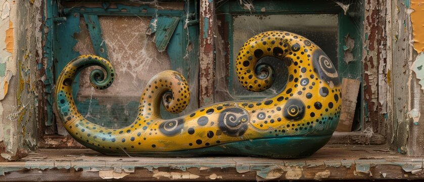   A tight shot of a snake sculpture on a window sill, revealing paint decay along its edge