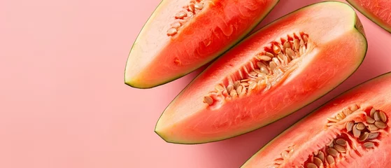 Foto op Plexiglas   A collection of watermelon slices arranged on a pink surface against a matching pink background © Jevjenijs