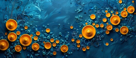  circles and bubbles against a backdrop of blue, beneath, blue swirls and bubble forms